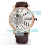 Swiss Rotonde De Cartier Replica Rose Gold Watch White Dial Brown Leather Strap 42.5MM